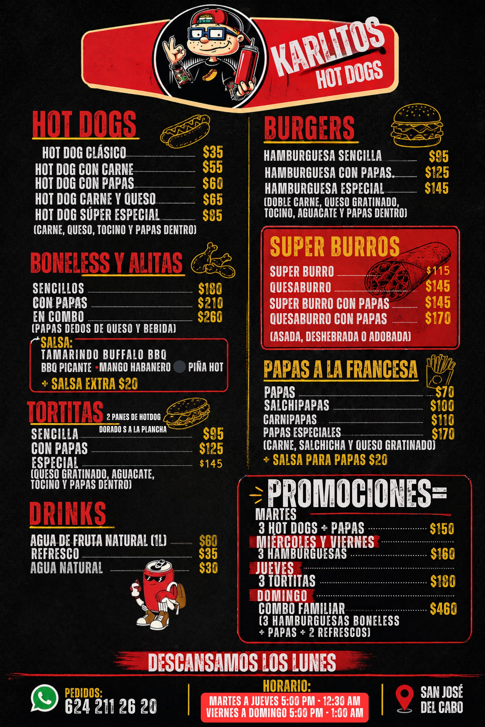 Menú visual completo de Karlitos Hot Dogs